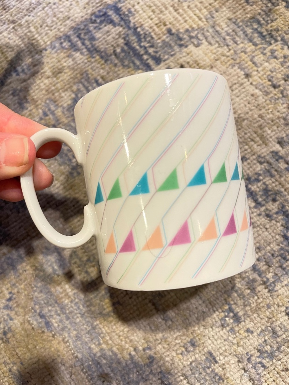 Vintage Ceramic Mug with Green Teal Peach and Pink Triangle Pattern MCM
